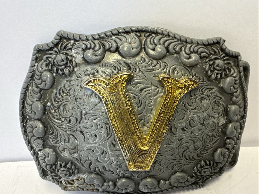 Vintage Western Initial V Belt Buckle Silver Gold Floral Filigree Rectangle USA
